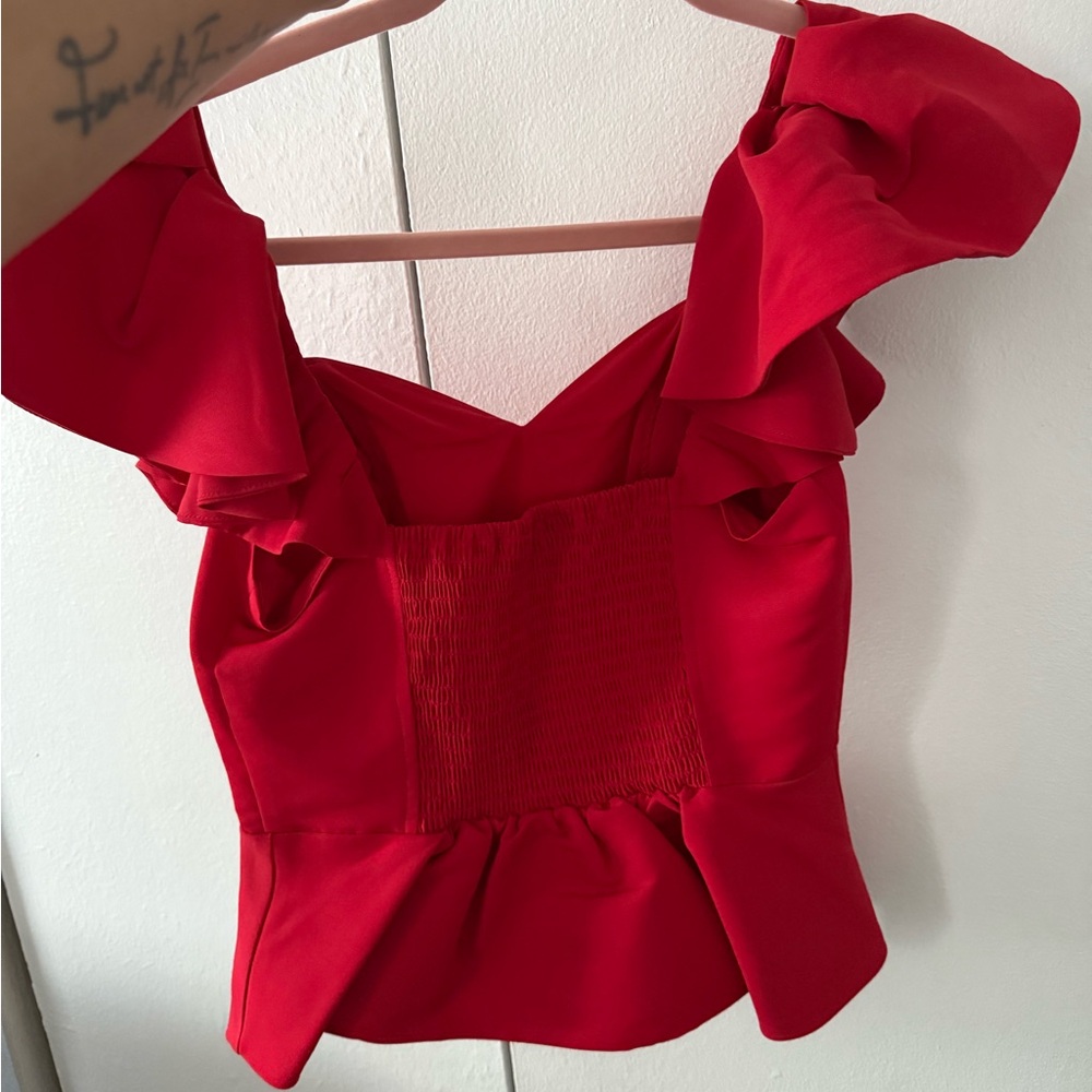 Express Vibrant Red Ruffle Blouse - Picture 3 of 5